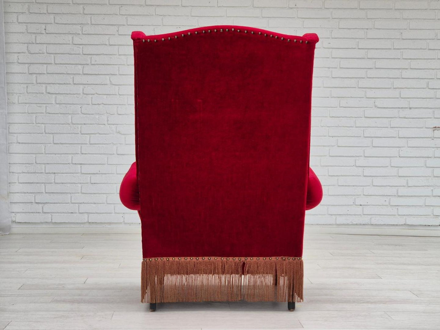 1960s, Danish wingback armchair, original, furniture velour, oak wood legs