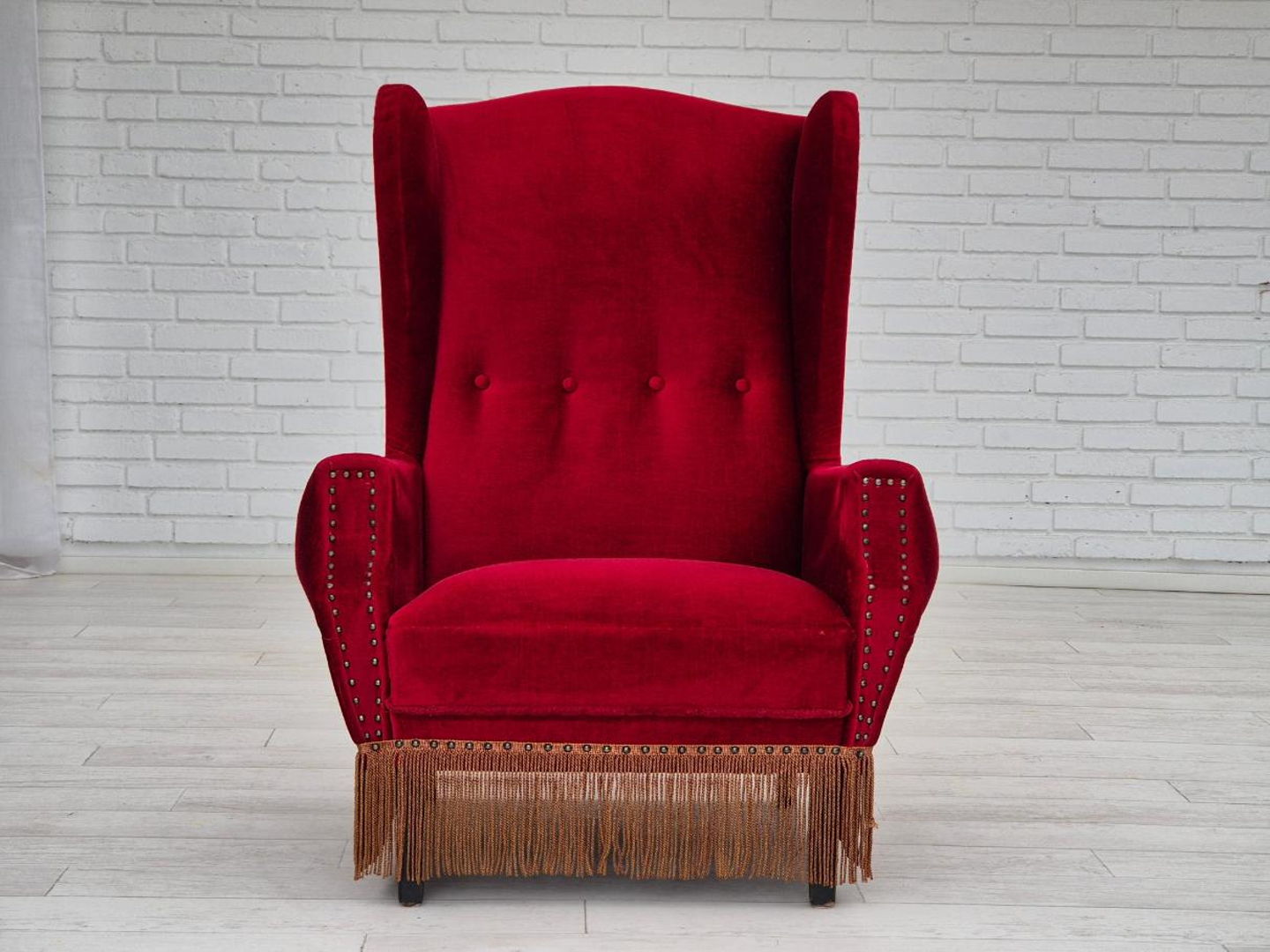 1960s, Danish wingback armchair, original, furniture velour, oak wood legs