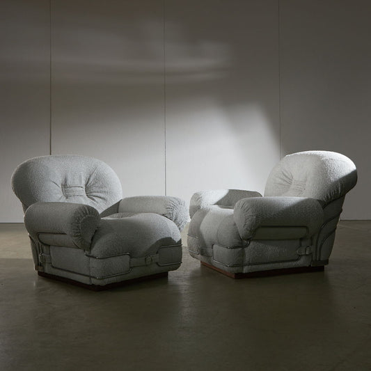 Italian Armchair in White-colored bouclé fabric with Chrome Details, 1960s