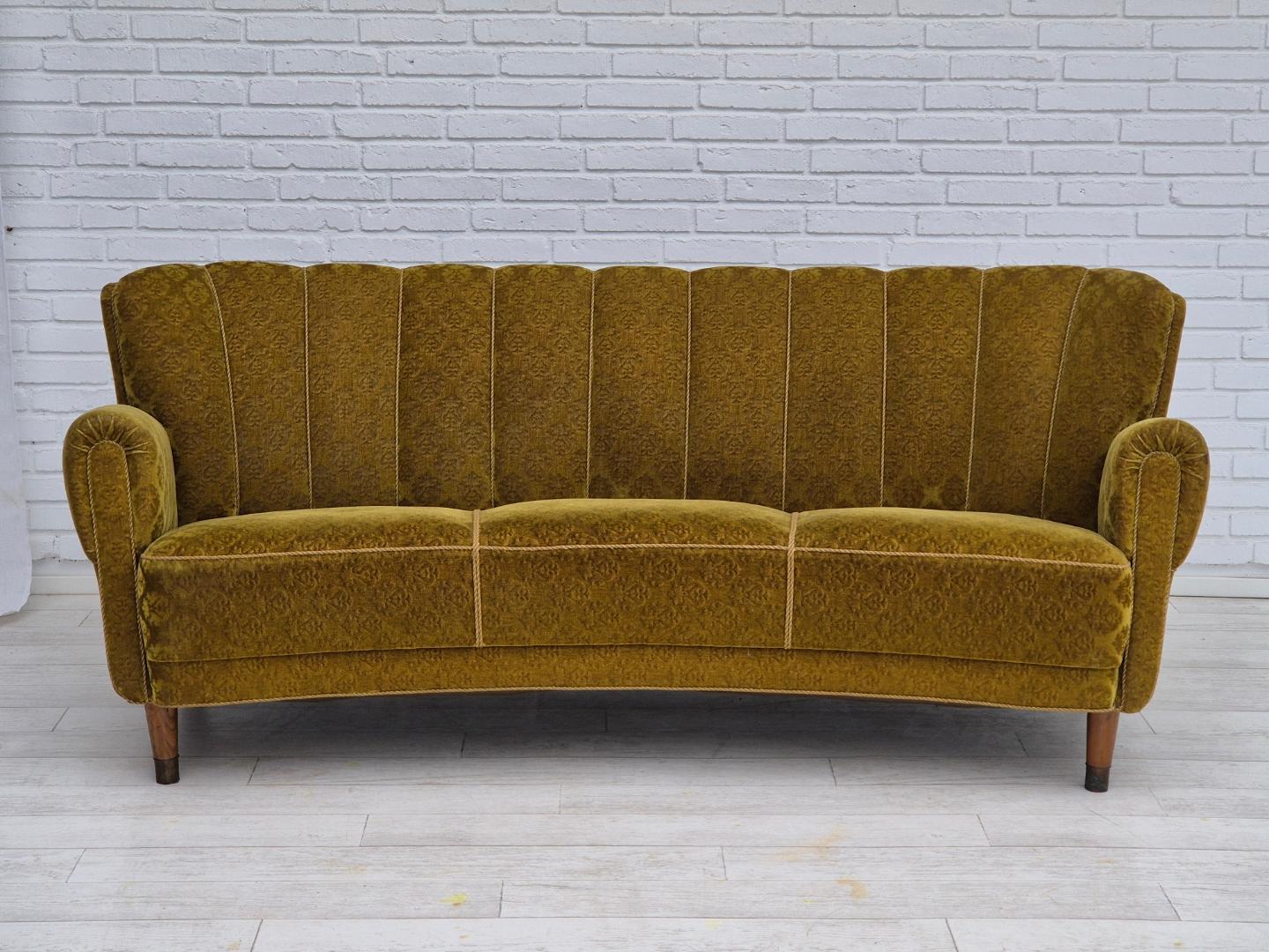 1960s, Danish 3 seater curved sofa, original condition, furniture velour, beech wood.