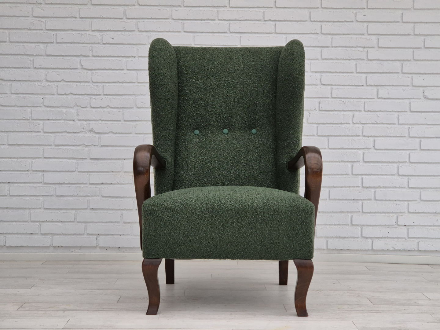 1950s, Danish design, restored high-back wingback chair, bottle green, beech wood.