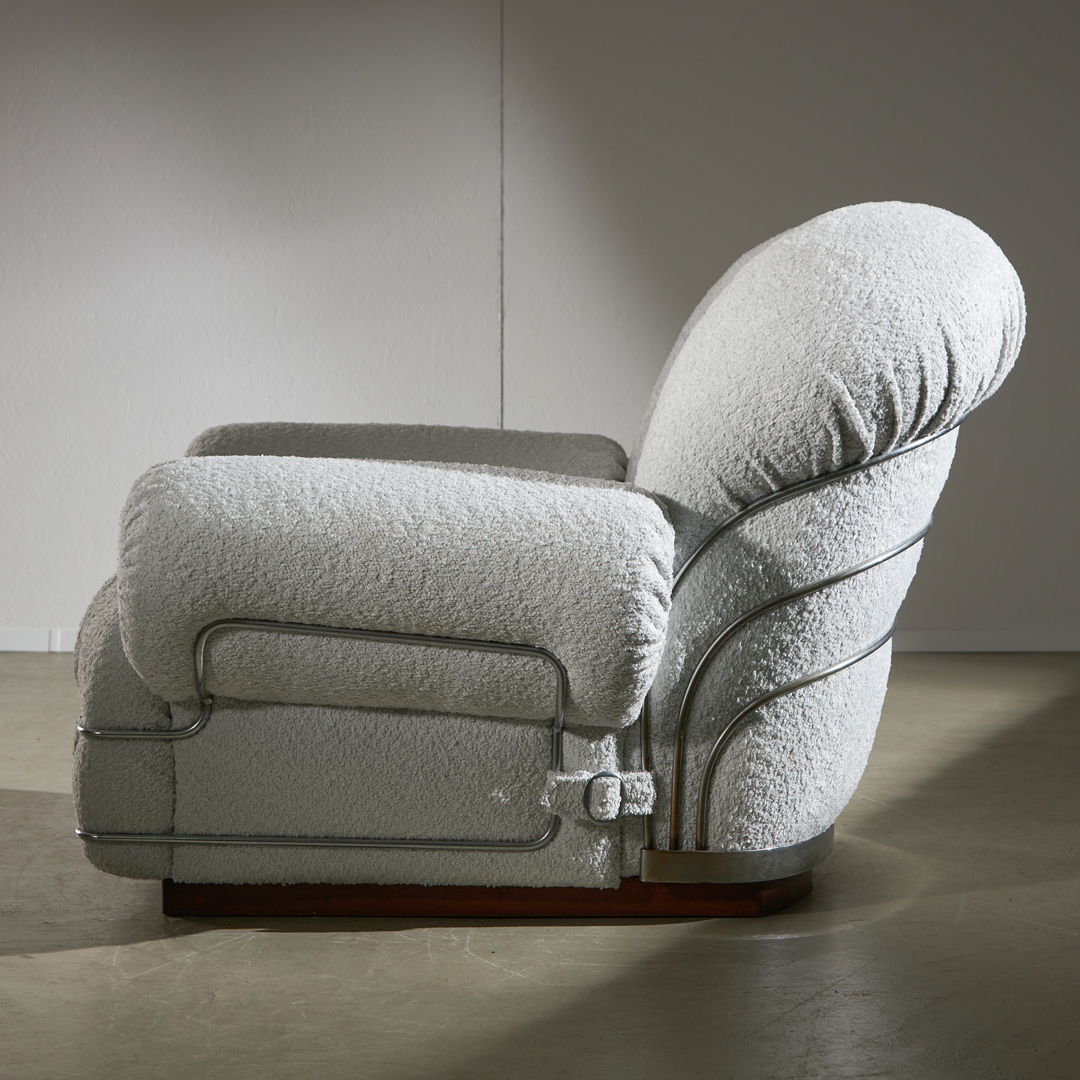 Italian Armchair in White-colored bouclé fabric with Chrome Details, 1960s