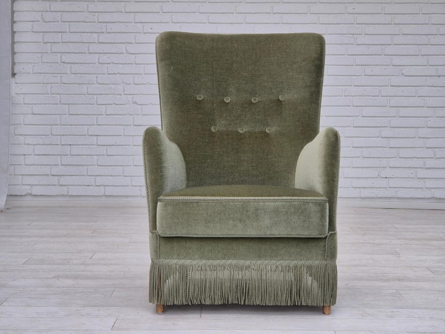 1970s, Danish armchair, velour, beech wood, original excellent condition.