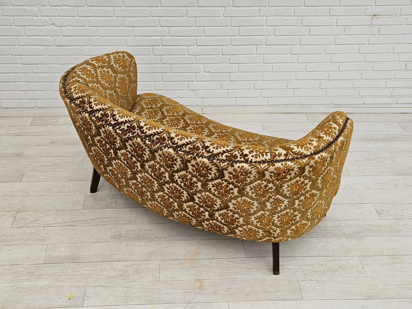 1960s, Danish 2 seater "Banana" sofa, original condition, run/beige furniture fabric, beech wood.