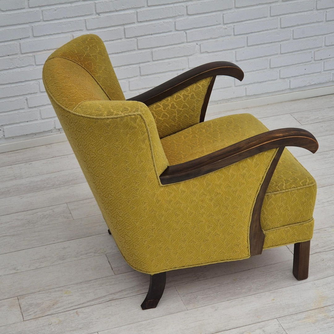 1950s, Danish vintage chair, light green cotton/wool fabric, beech wood.