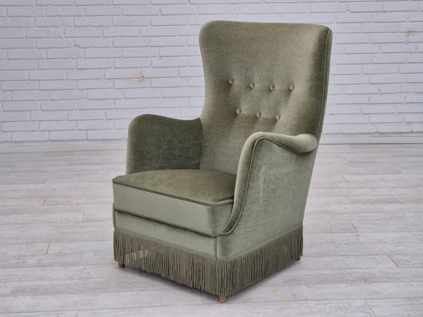 1970s, Danish armchair, velour, beech wood, original excellent condition.