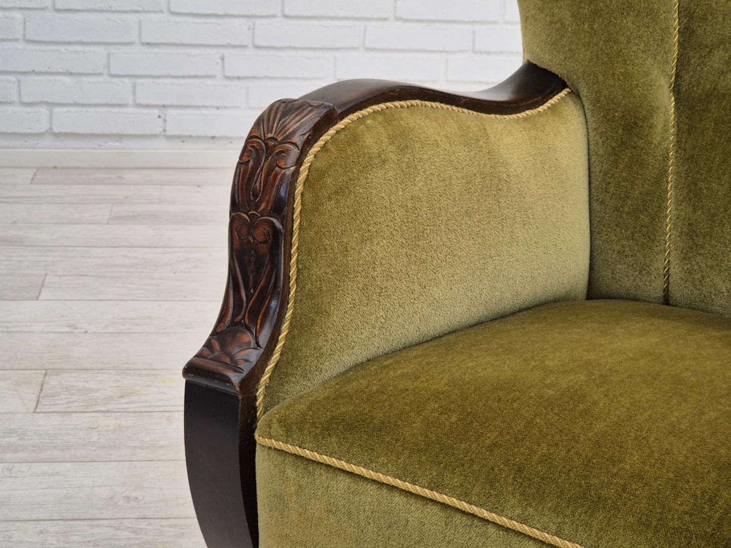 1950s, Danish vintage chair, furniture velour, oak wood.
