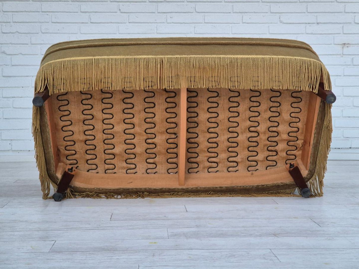 1970s, Danish 2 seater sofa, original condition, green furniture velour, beech wood legs.