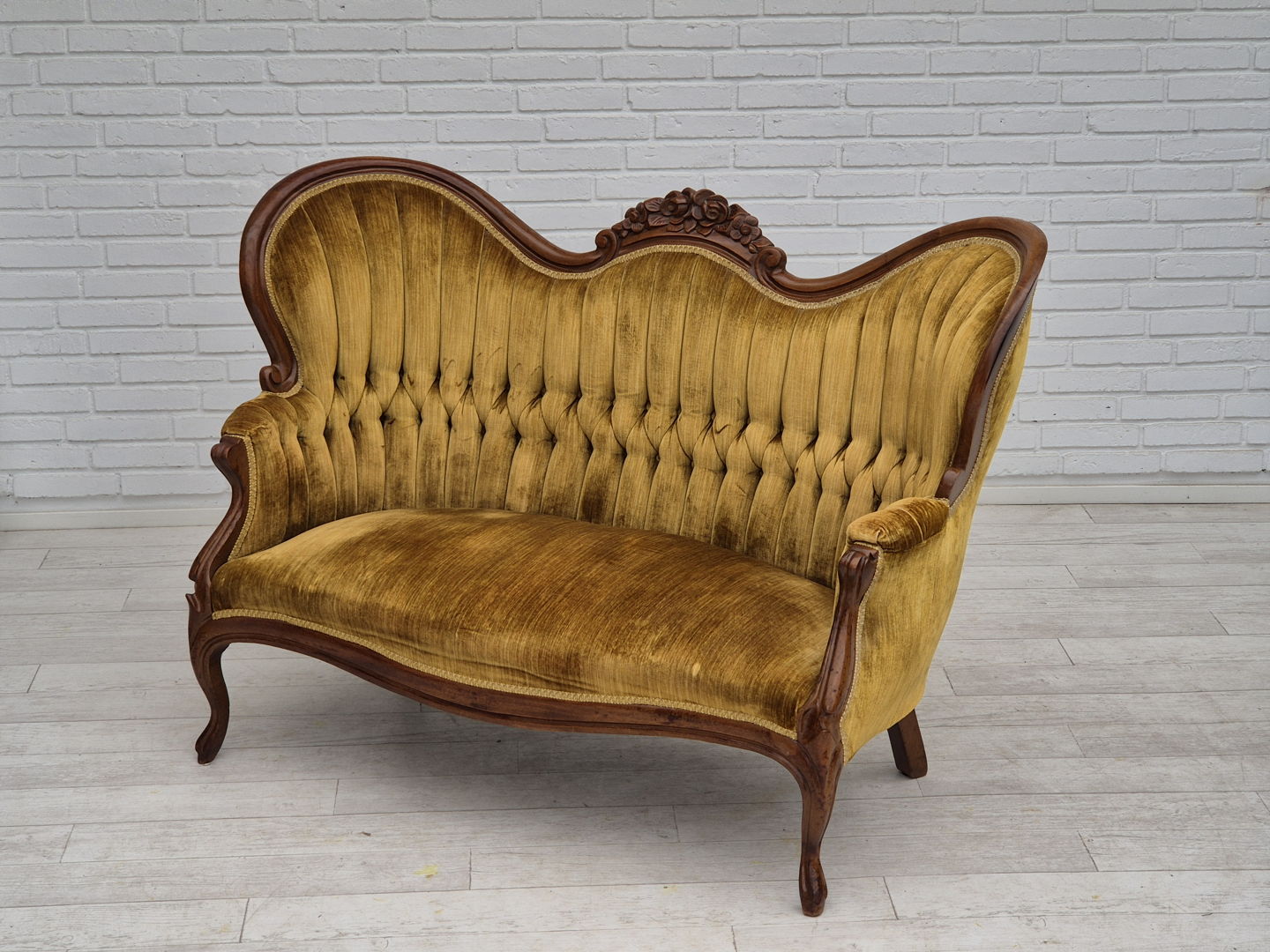 1950s, Danish sofa, vintage furniture velour, very good condition, mahogany wood.