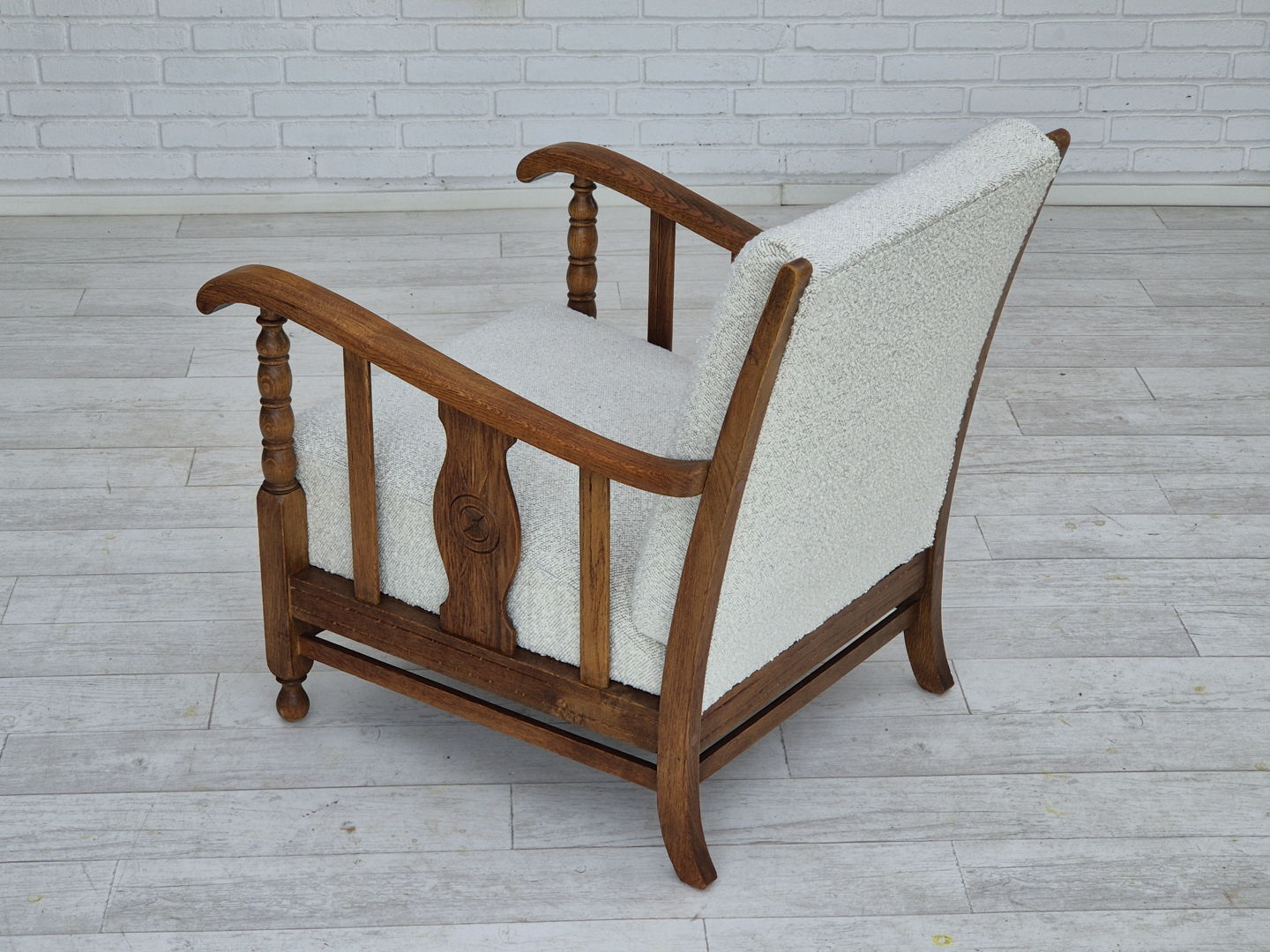 1950s, Scandinavian design, reupholstered armchair, white/light gray fabric, oak wood.