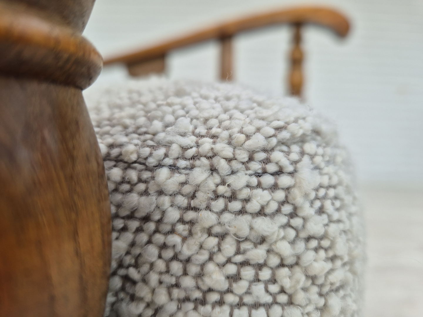 1950s, Scandinavian design, reupholstered armchair, white/light gray fabric, oak wood.