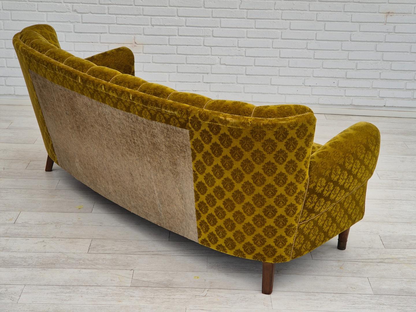 1960s, Danish 3 seater curved sofa, original condition, furniture velour, beech wood.