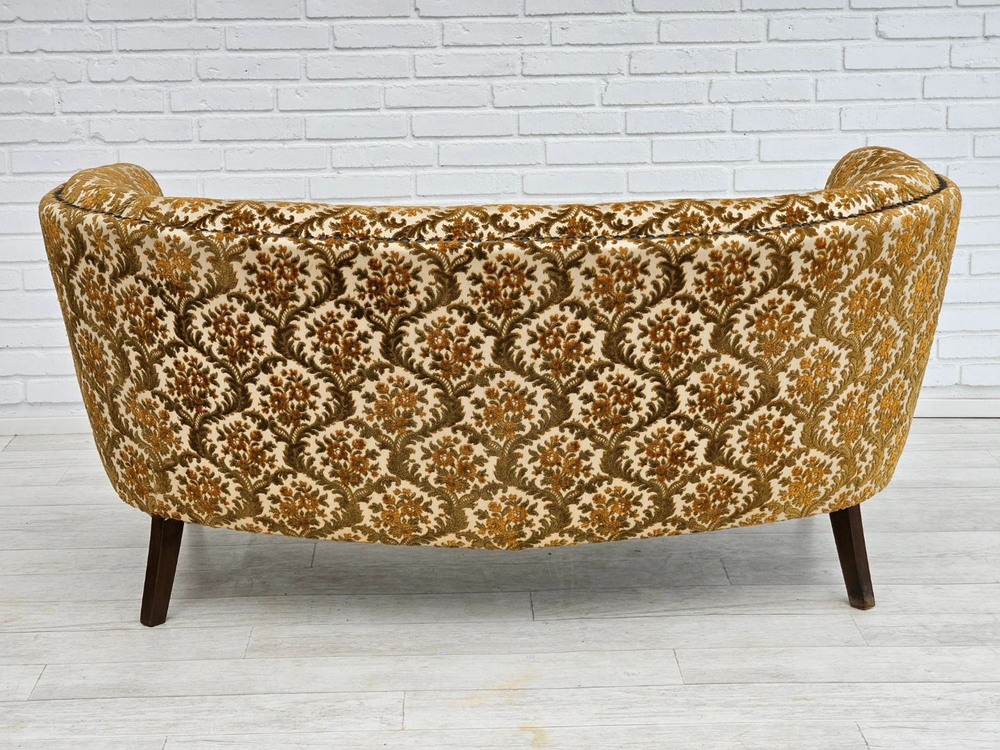 1960s, Danish 2 seater "Banana" sofa, original condition, run/beige furniture fabric, beech wood.