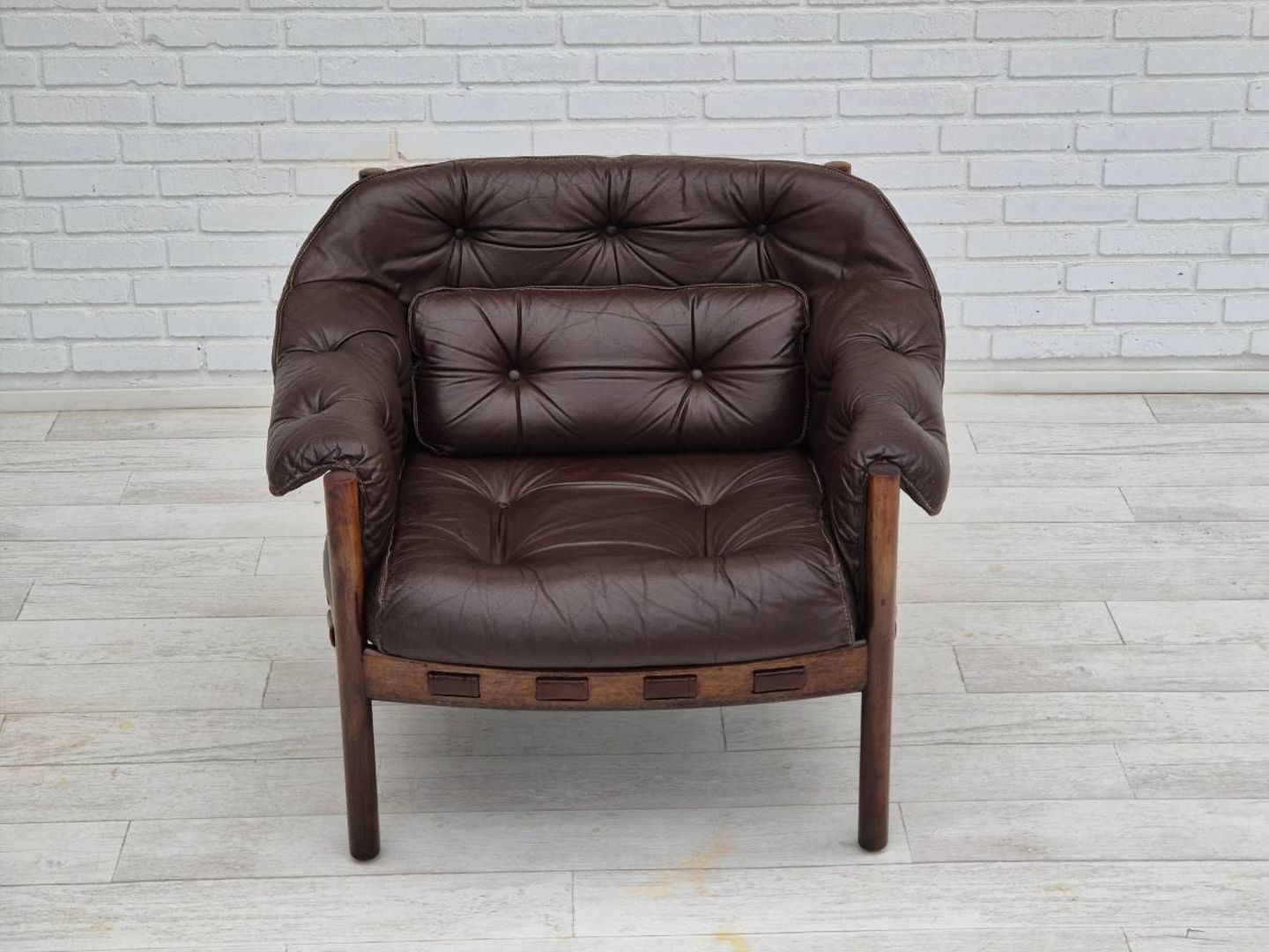 1970s, Scandinavian design by Arne Norell, lounge chair, original condition, leather, beech wood.