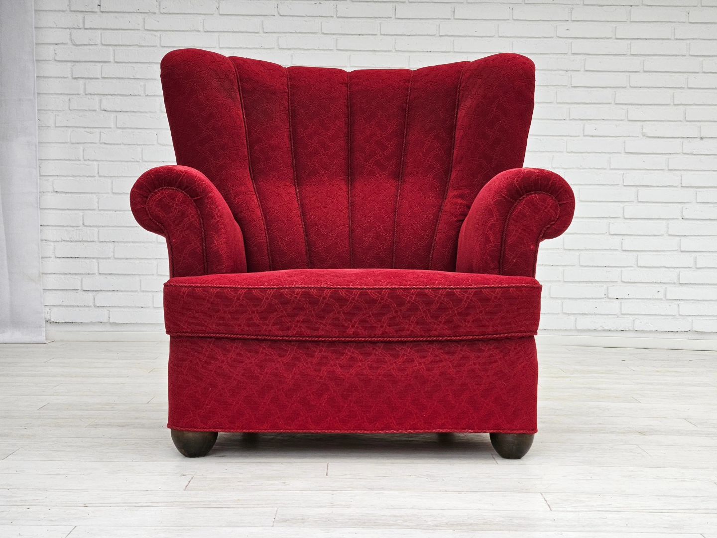 1960s, Danish relax armchair, original condition, red cotton/wool, oak wood.