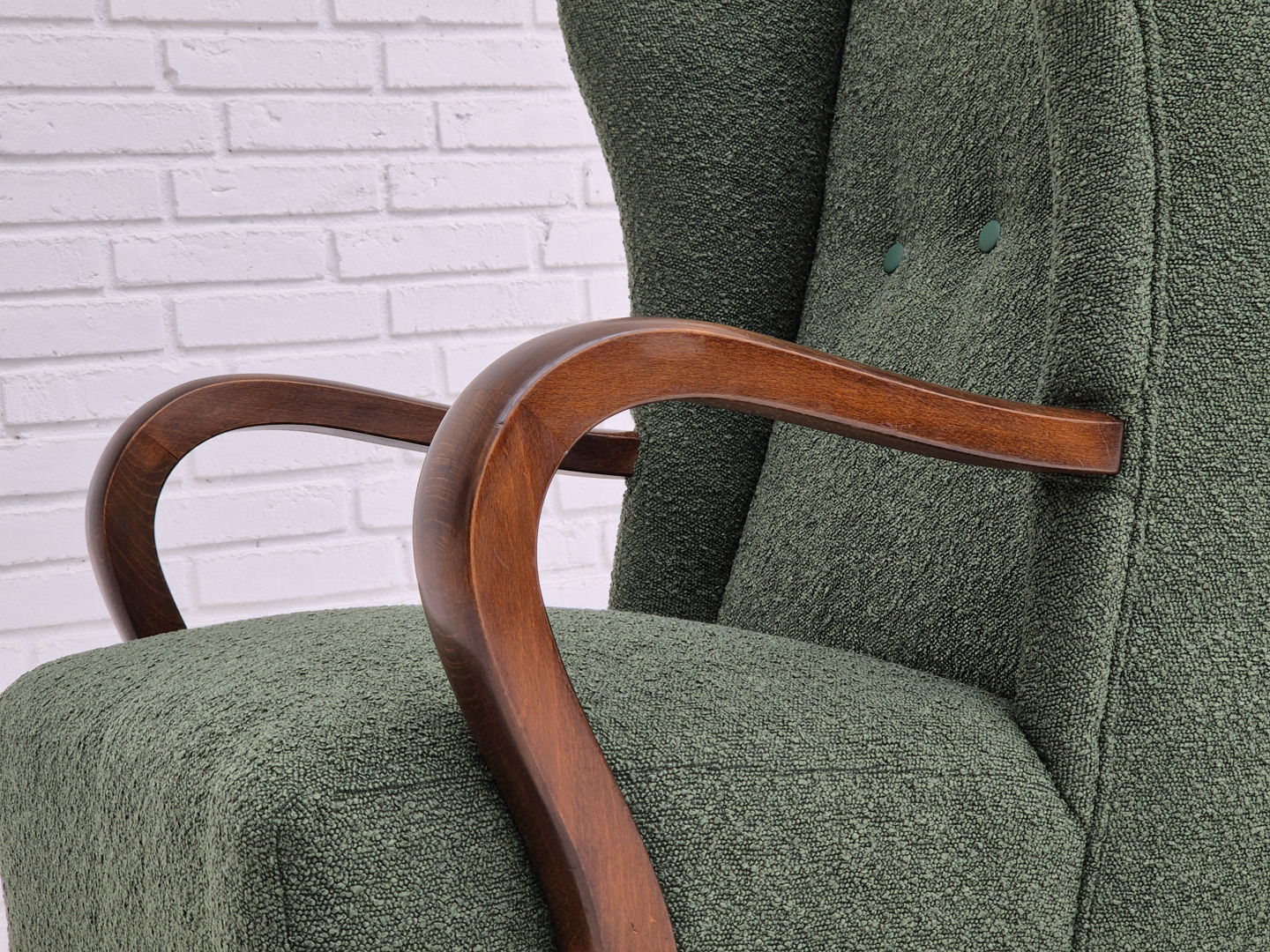 1950s, Danish design, restored high-back wingback chair, bottle green, beech wood.