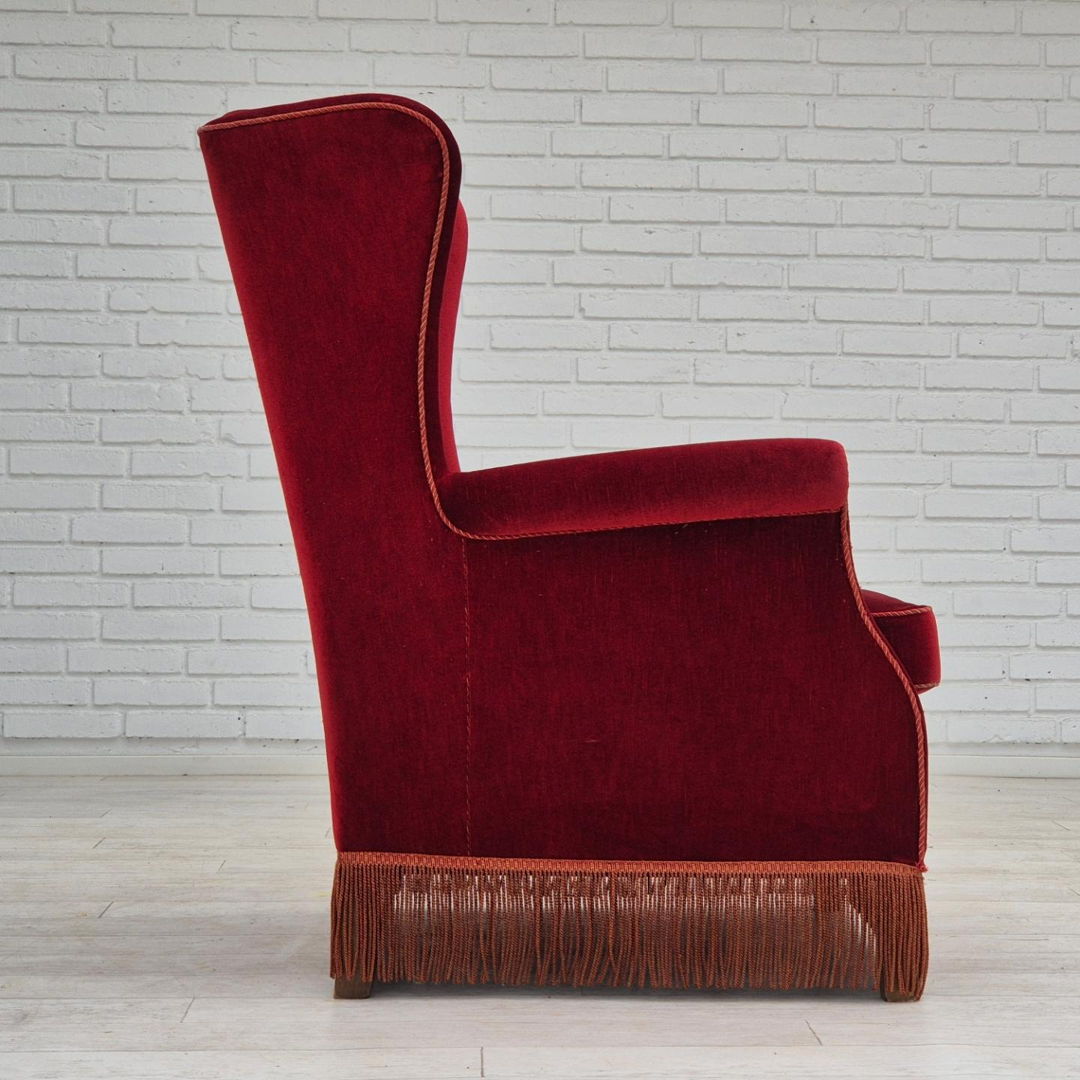 1970s, Danish highback wingback armchair, original condition, furniture velour, ash wood.