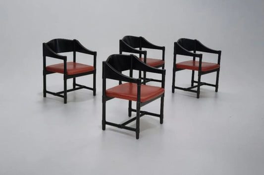 1970s, set of 4 Finnish armchairs by Lepokalusto, original condition, birch wood, leather.