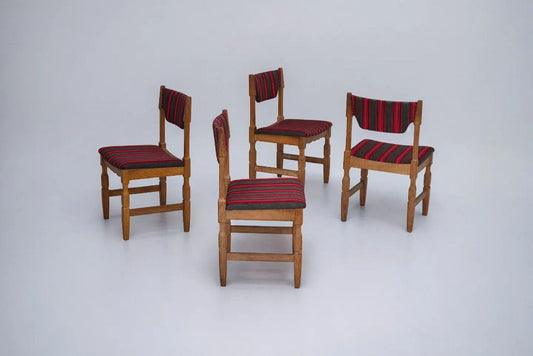 1970s, Danish design by Henning Kjærnulf, set of 4 dining chairs, original condition, oak, wool.
