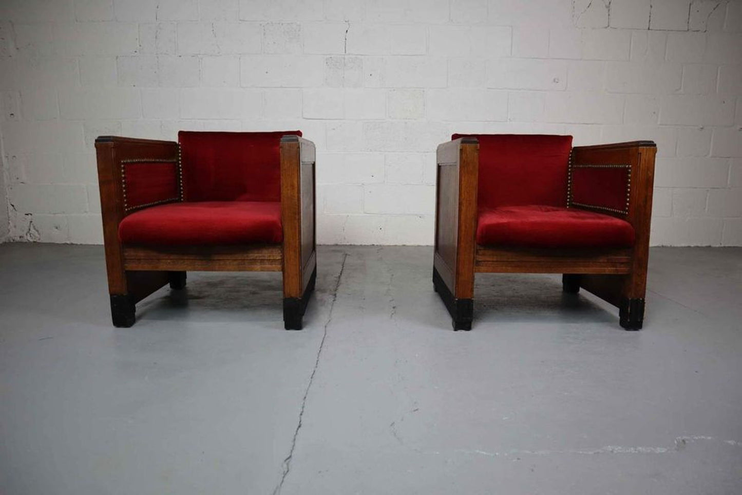 Art Deco Amsterdamse School Oak and Velours Armchairs