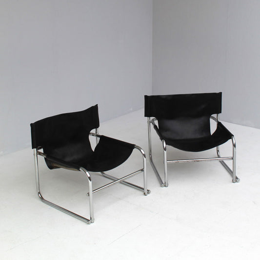 Set of T1 Black Leather Sling chairs by Rodney, 1976.