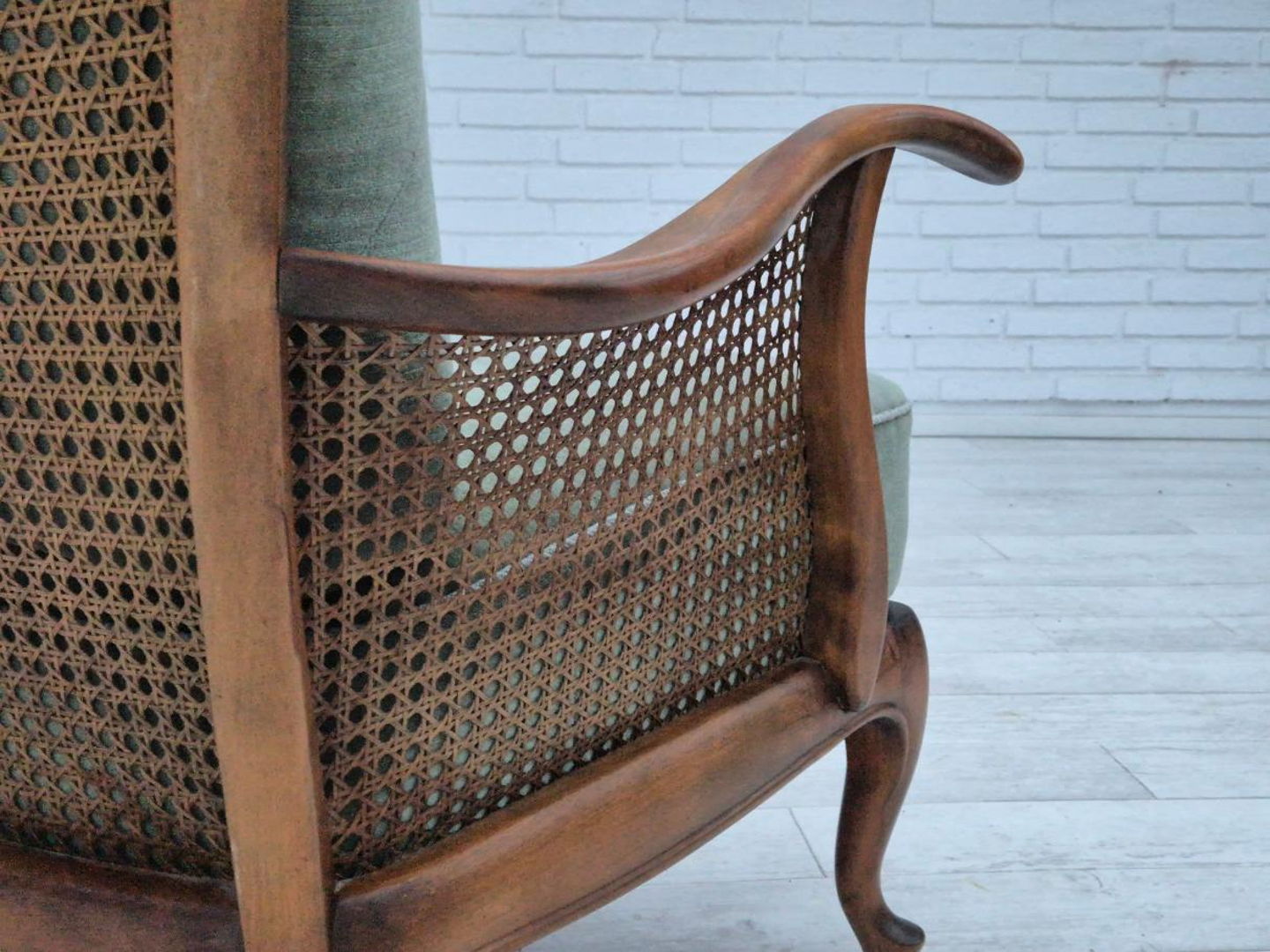 1950s, a pair of Danish armchairs in original condition, velour, ash wood, furniture mesh.