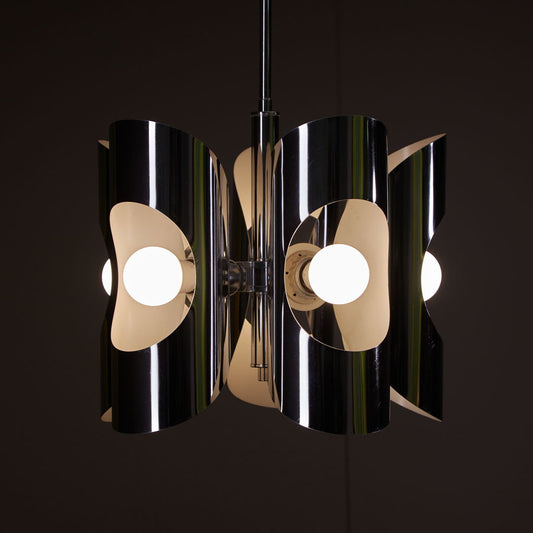 Italian, Chrome Chandelier with Five Bulbs in a Cylindrical Shade, 1970s