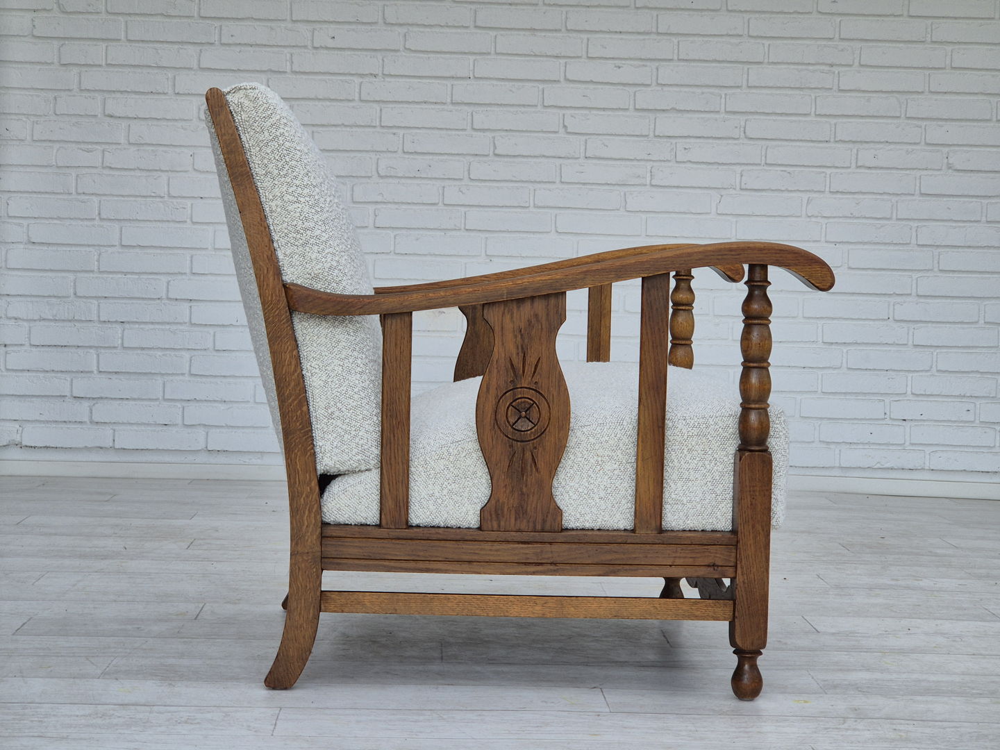 1950s, Scandinavian design, reupholstered armchair, white/light gray fabric, oak wood.