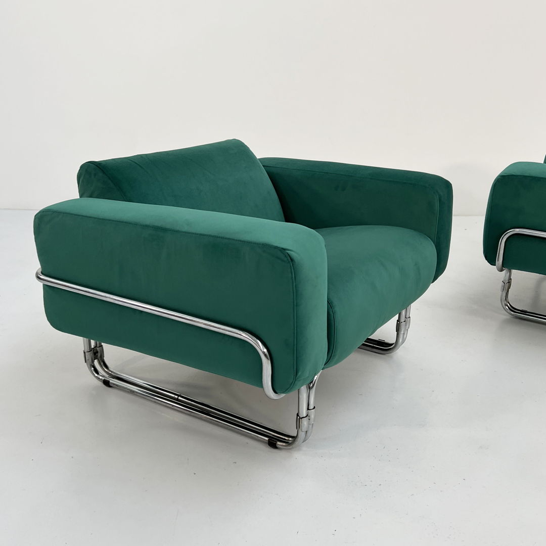 Pair of Green Velvet Armchairs in Chromed Tubular Frame, 1970s