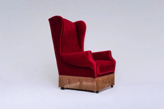 1960s, Danish wingback armchair, original, furniture velour, oak wood legs