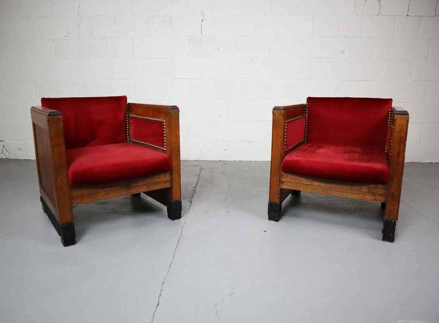 Art Deco Amsterdamse School Oak and Velours Armchairs