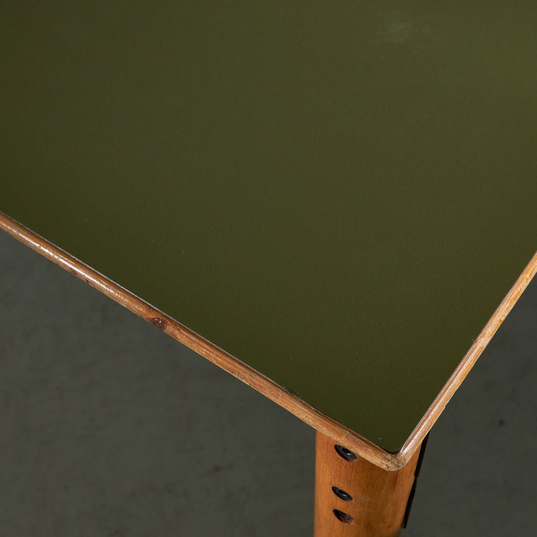 Large Wooden Table with Green Matte Color Top and Metal Elements