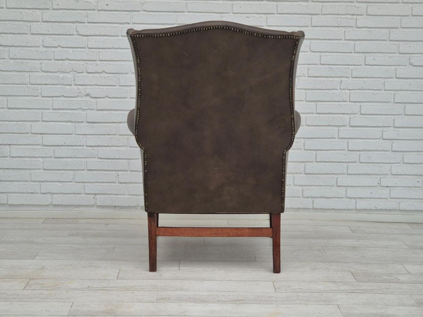 1970s, Vintage wingback armchair, original condition, leather, beech wood.