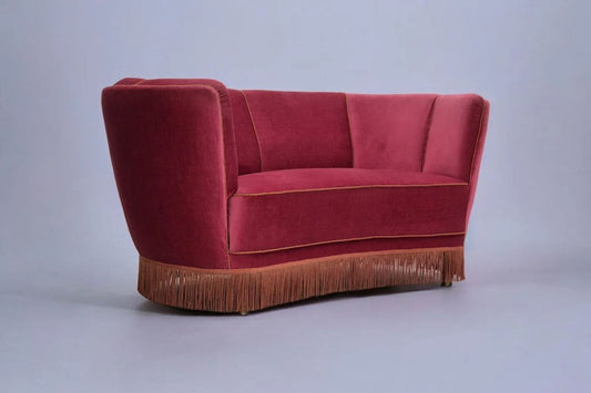 1960s, Danish design, 2 seater "Banana" sofa, original condition, furniture velour, beech wood legs.