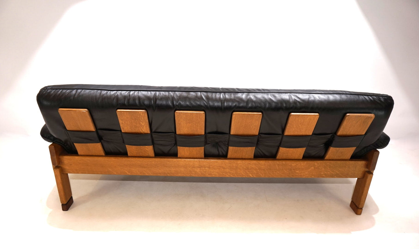 Brutalist 3 seater sofa leather and oak, 1960