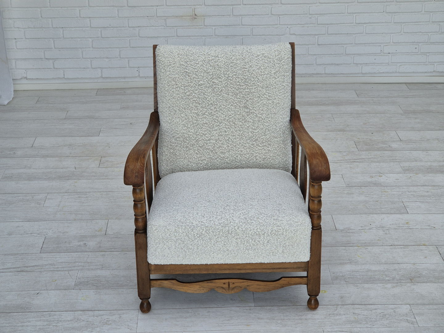 1950s, Scandinavian design, reupholstered armchair, white/light gray fabric, oak wood.