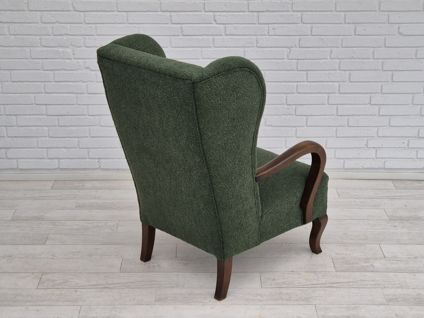 1950s, Danish design, restored high-back wingback chair, bottle green, beech wood.