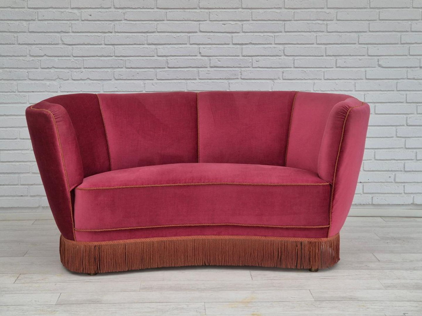 1960s, Danish design, 2 seater "Banana" sofa, original condition, furniture velour, beech wood legs.