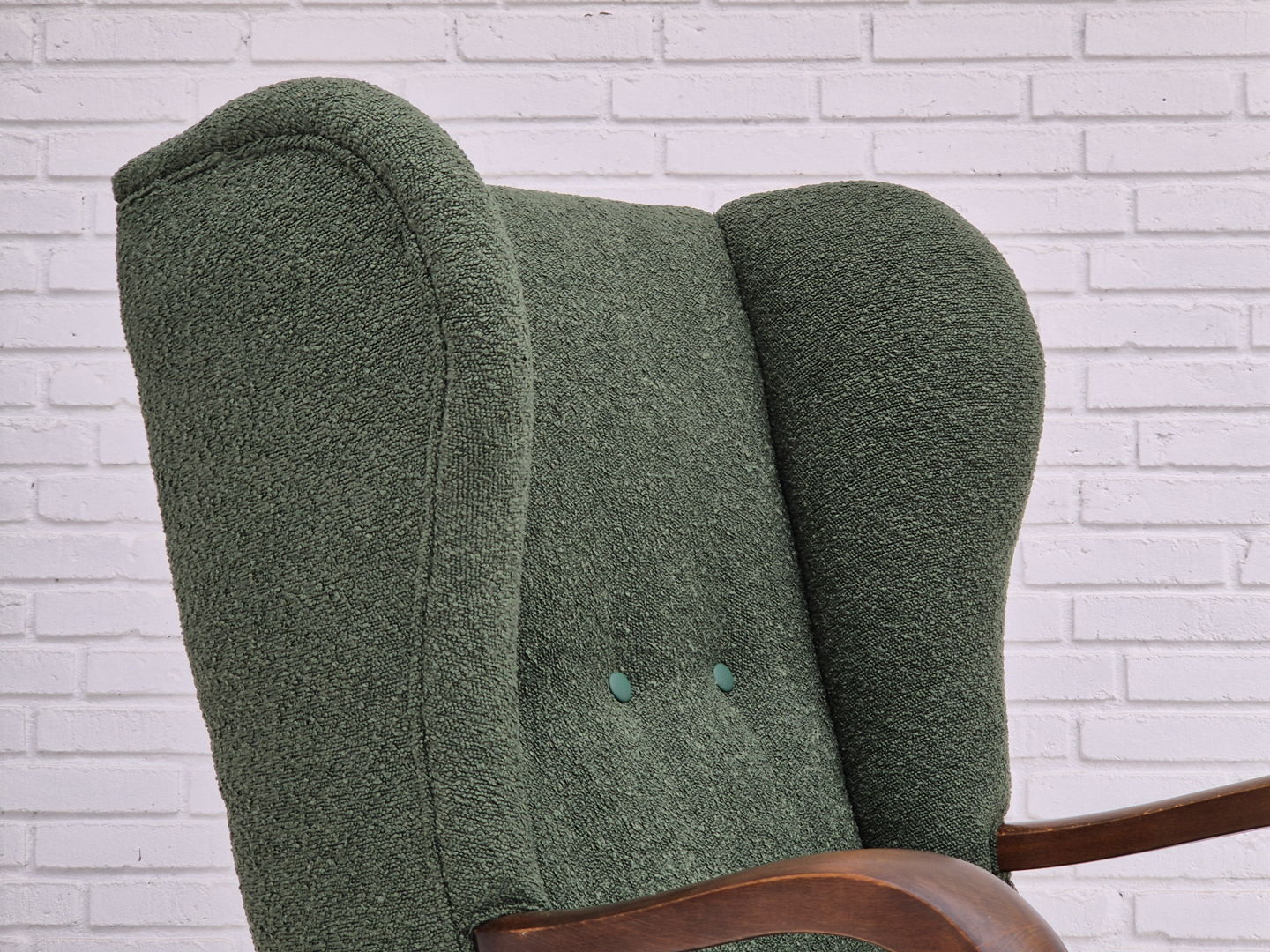 1950s, Danish design, restored high-back wingback chair, bottle green, beech wood.