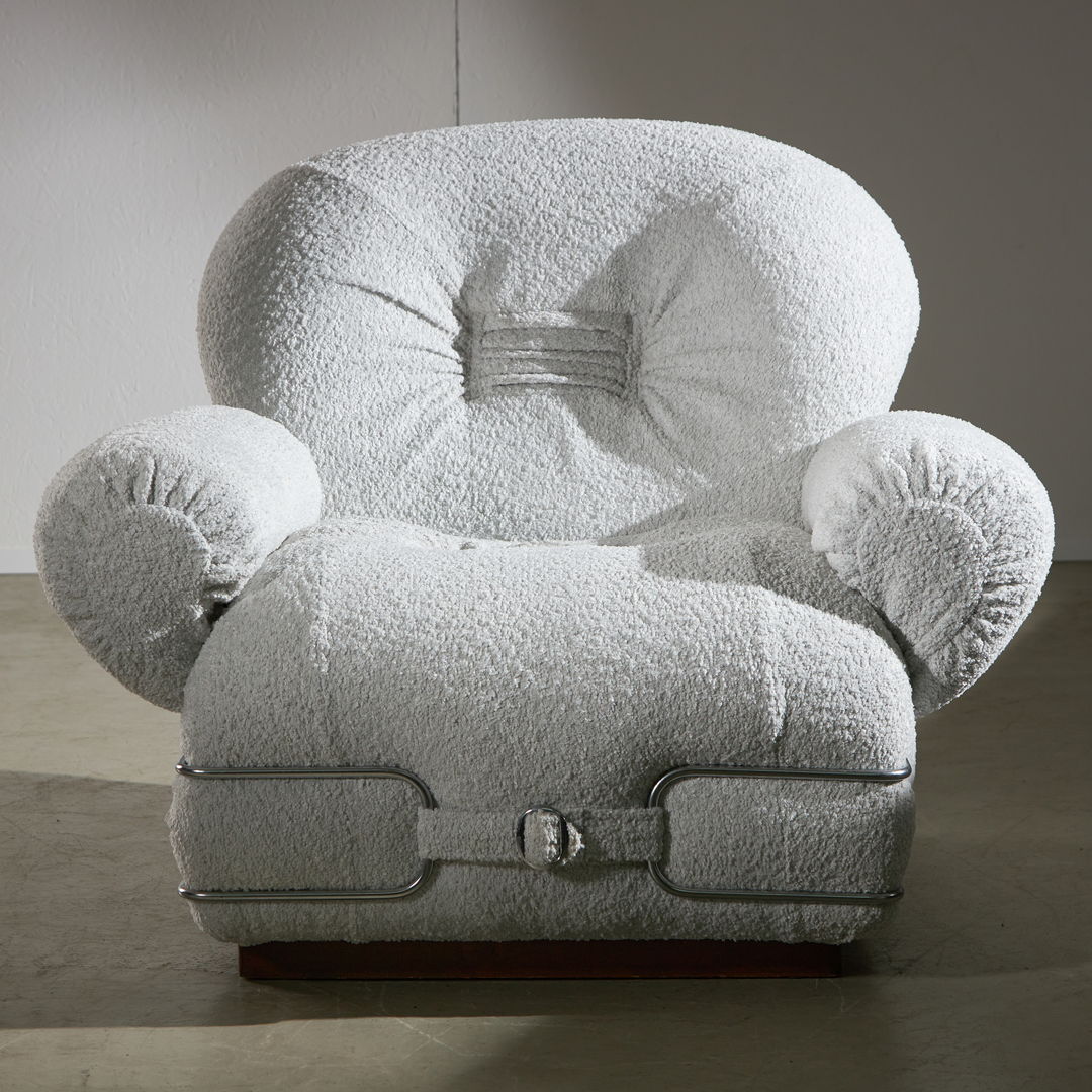 Italian Armchair in White-colored bouclé fabric with Chrome Details, 1960s