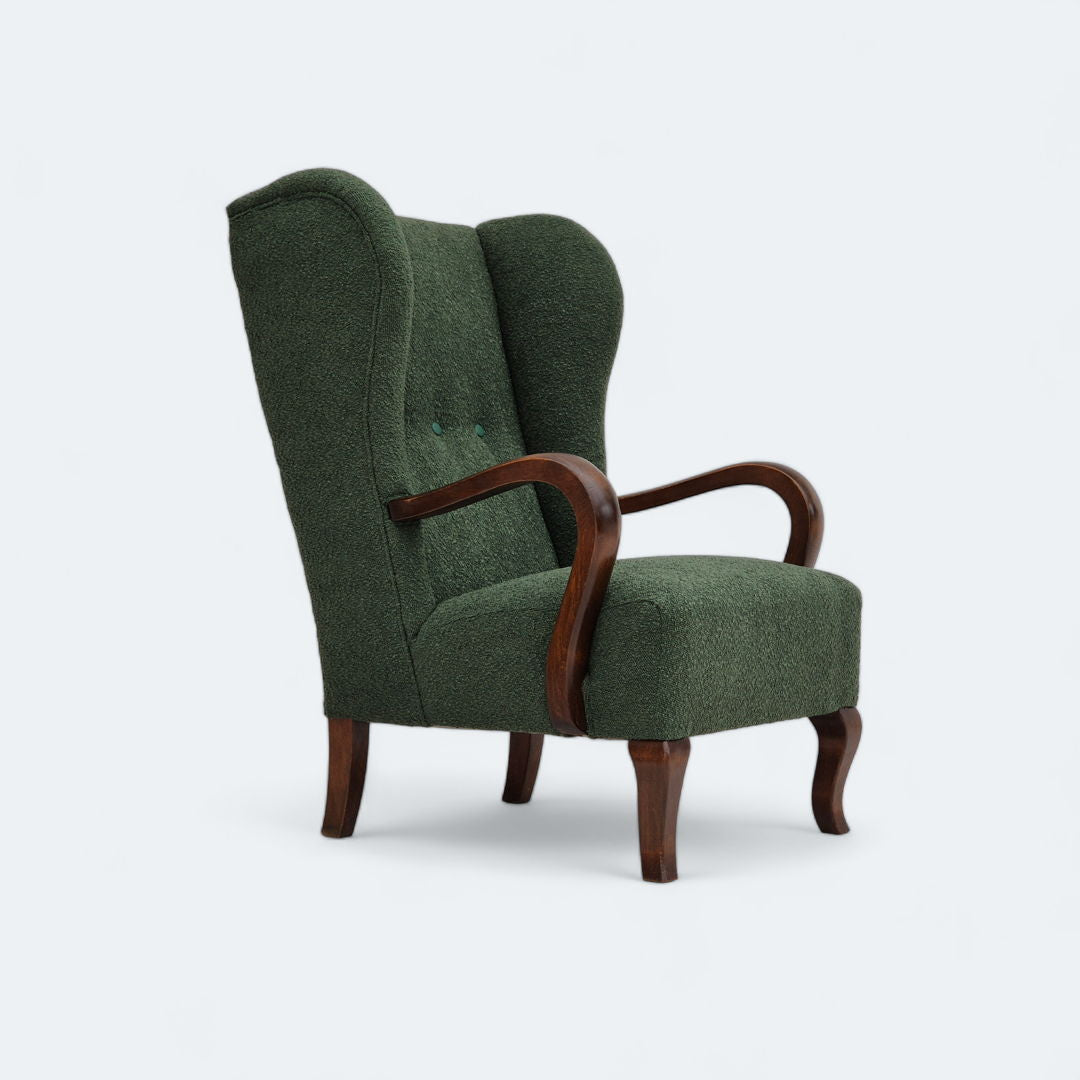 1950s, Danish design, restored high-back wingback chair, bottle green, beech wood.