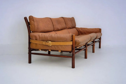 1960s, Scandinavian design by Arne Norell, sofa, model "Kontiki", original condition, leather, beech wood.