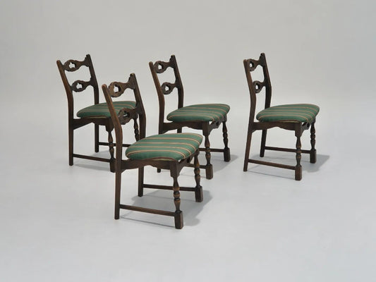 1970s, set of 4 Danish dining chairs, original condition, dark oak wood, furniture wool fabric.