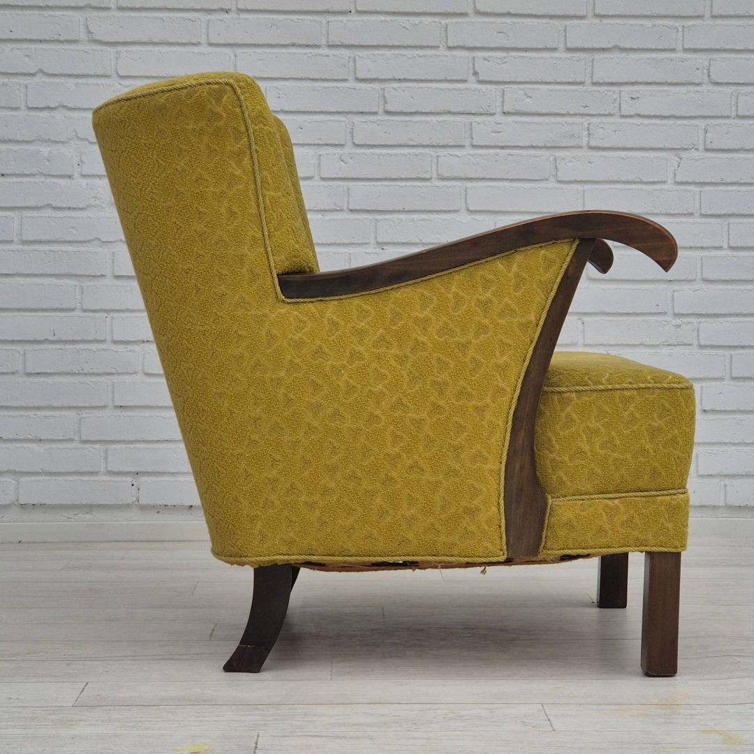 1950s, Danish vintage chair, light green cotton/wool fabric, beech wood.