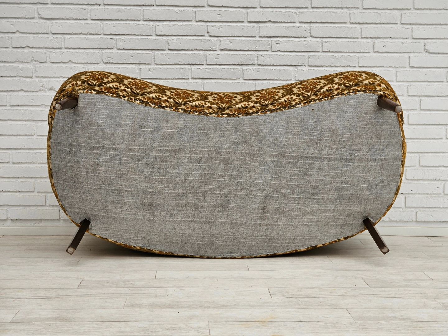 1960s, Danish 2 seater "Banana" sofa, original condition, run/beige furniture fabric, beech wood.