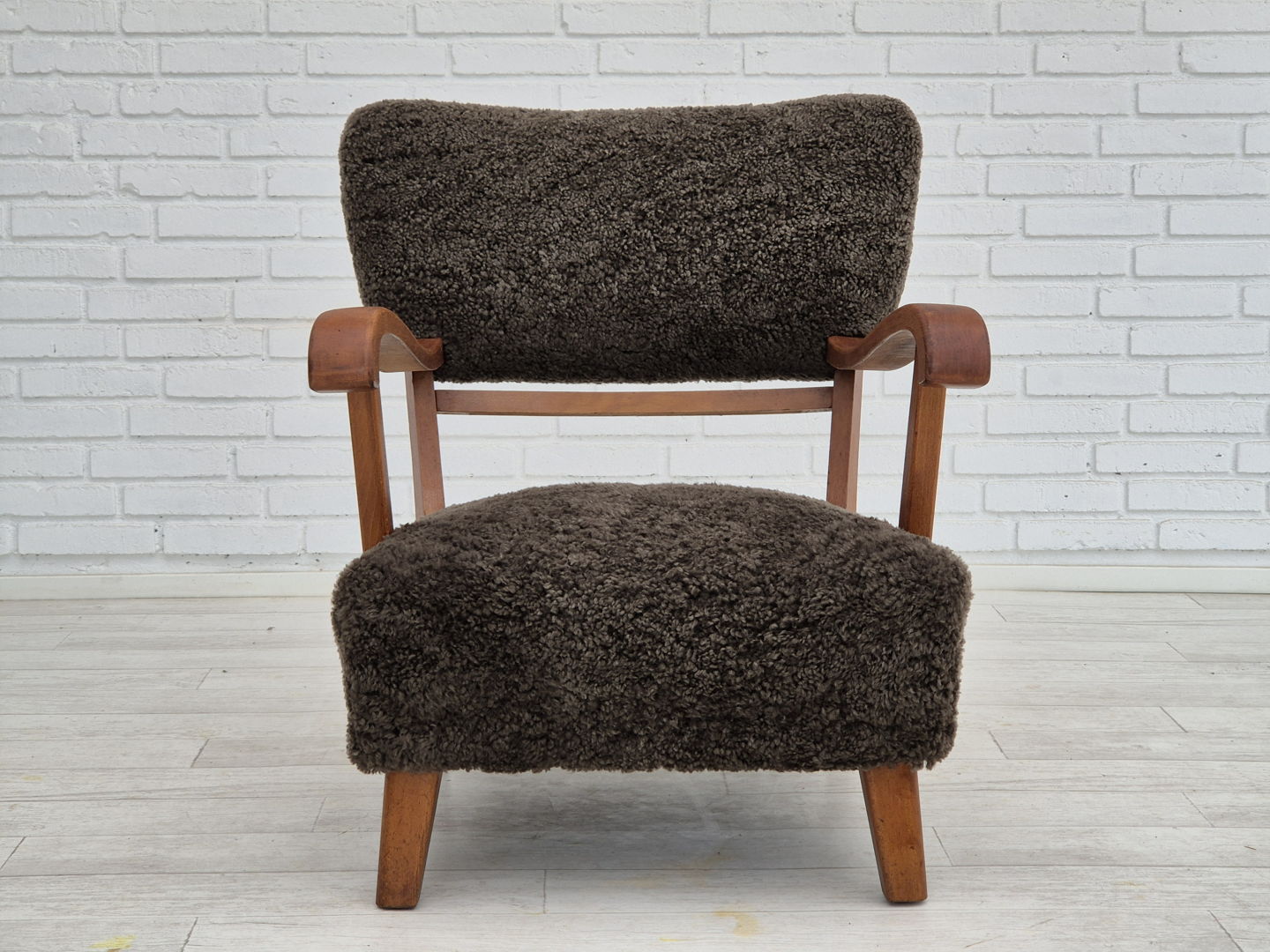 1950s, Danish design, reupholstered armchair, genuine sheepskin.