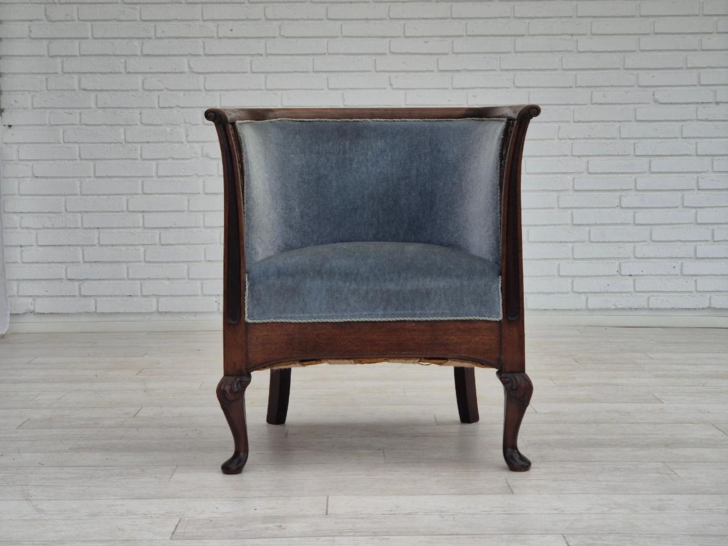 1950s, Danish lounge chair, original condition, light blue furniture velour.