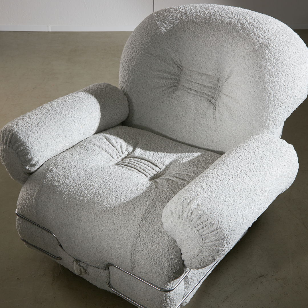 Italian Armchair in White-colored bouclé fabric with Chrome Details, 1960s