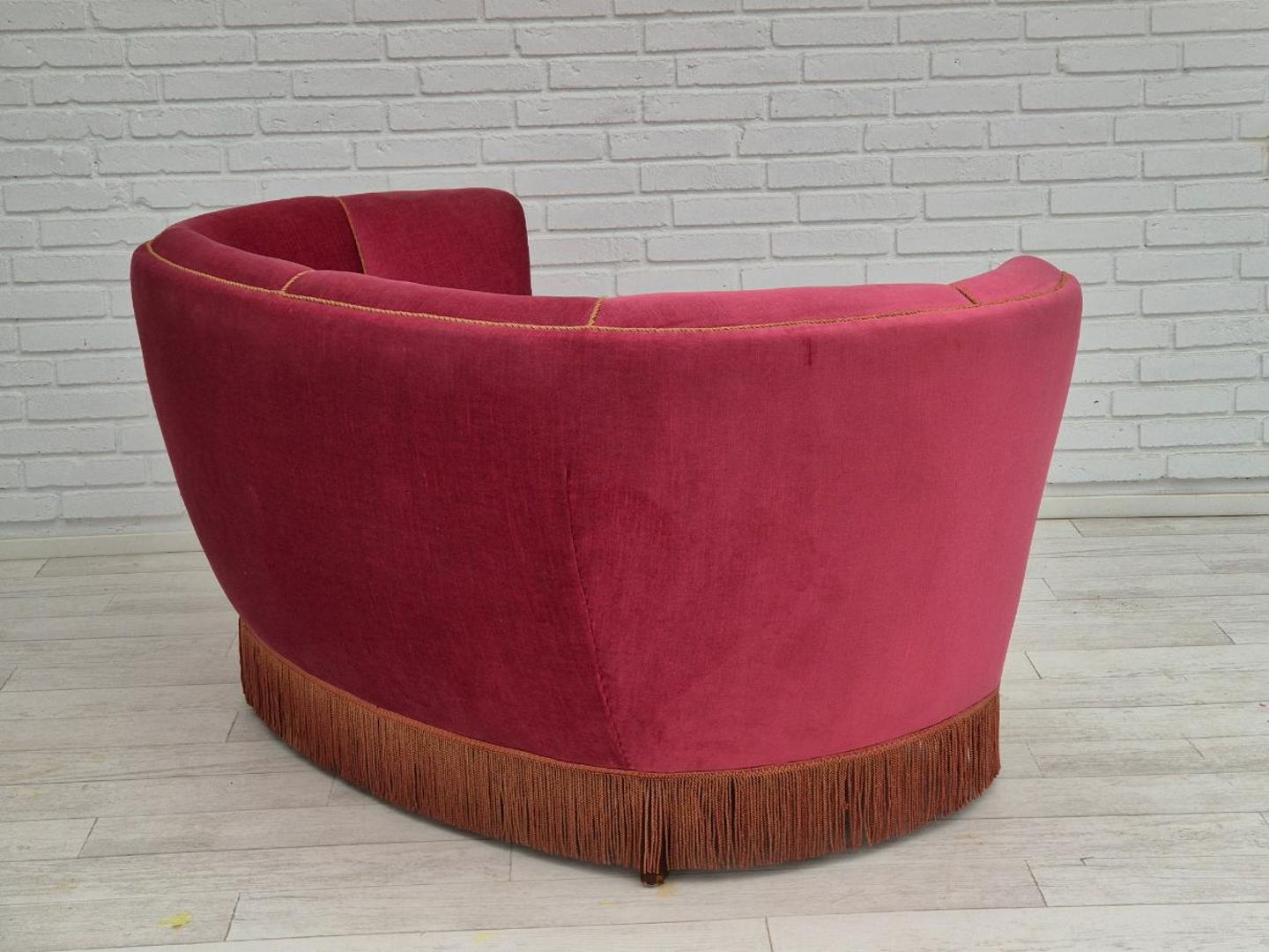 1960s, Danish design, 2 seater "Banana" sofa, original condition, furniture velour, beech wood legs.