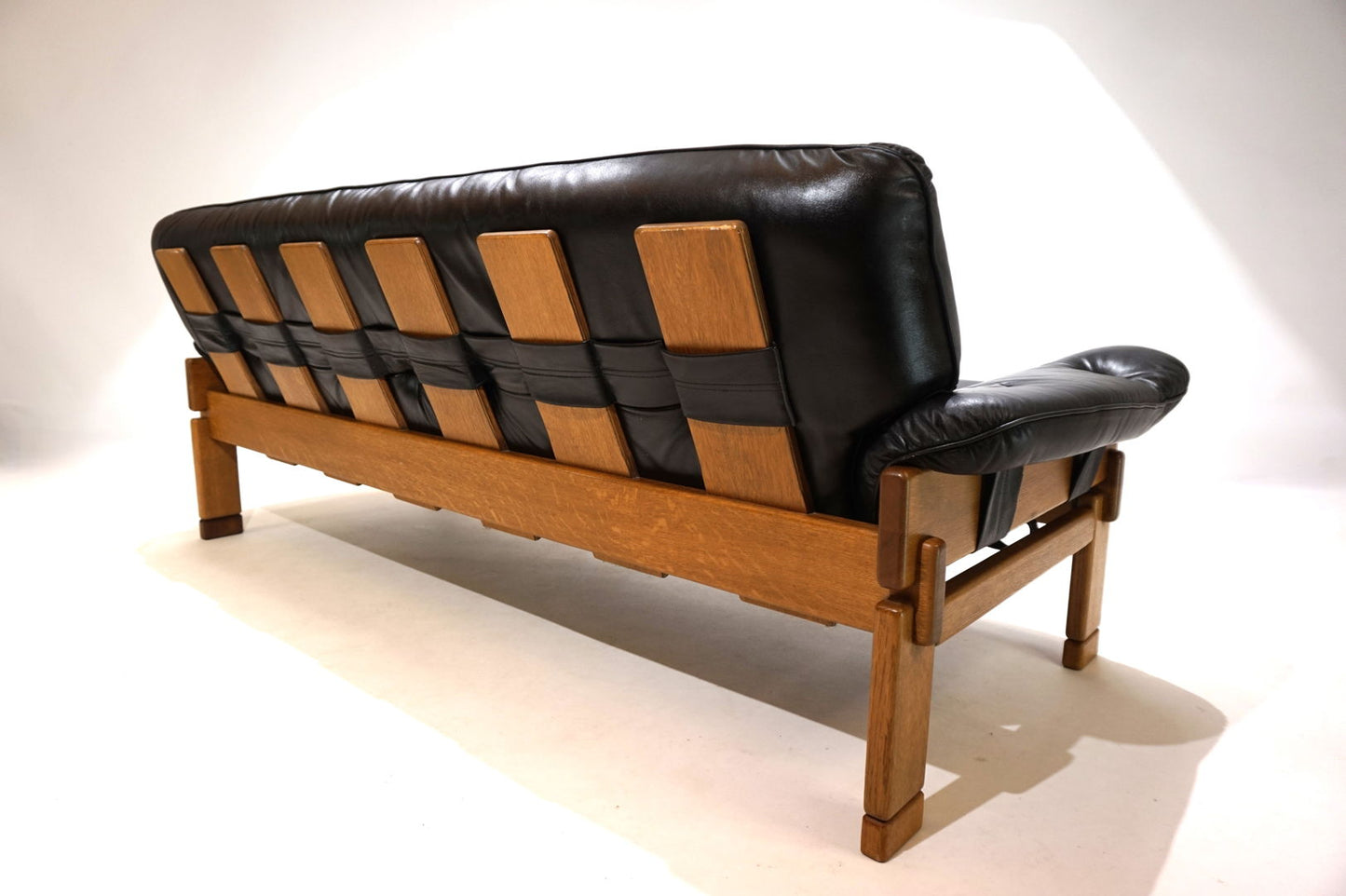 Brutalist 3 seater sofa leather and oak, 1960